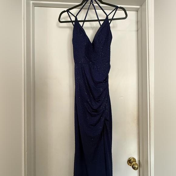 Elegant Navy Sparkle Cowl Neck Evening Dress - Picture 2 of 16